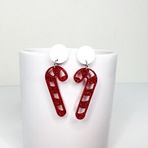 Christmas Holiday Red White‎ Glitter Candy Cane Post Dangle Earrings